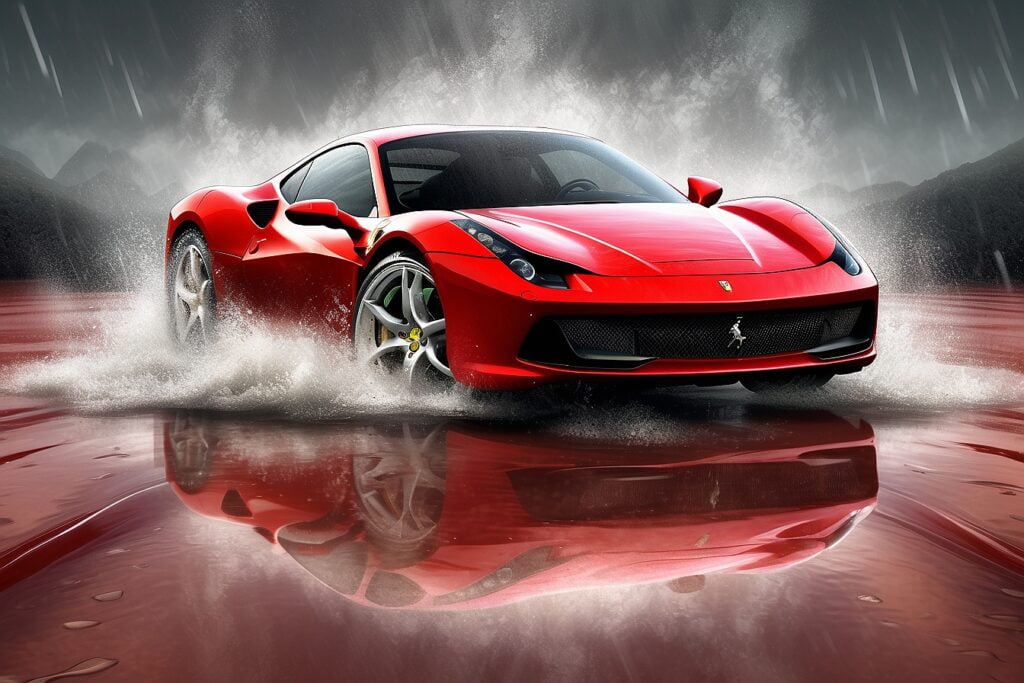 SDXL 09 Surrealistic image of a red Ferrari car floating in th 0